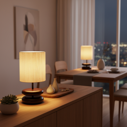 Camille Wooden River Rock Table Lamp with Fabric Shade