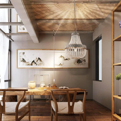 Camille Wooden Bead Cascade Pendant Lamp Rustic Ceiling Light